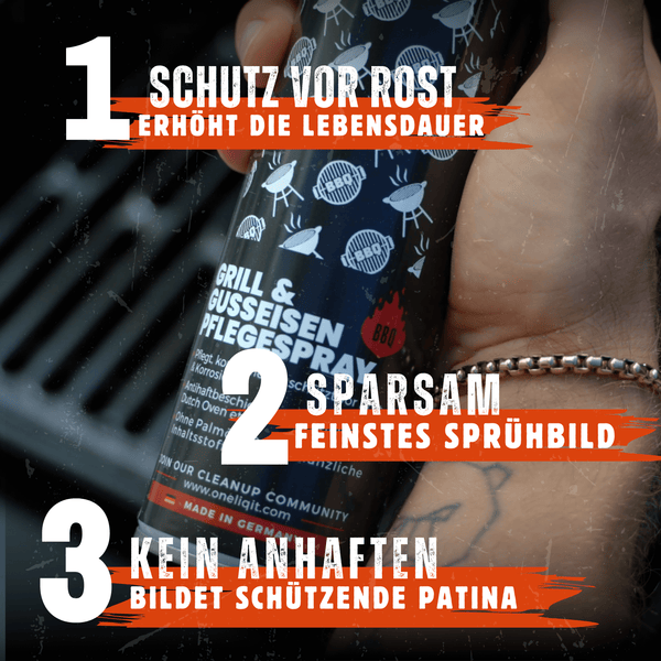 Grill & Gusseisen Pflegespray 400ml mit Antihaftfunktion, schützt vor Rost und erhöht die Lebensdauer.