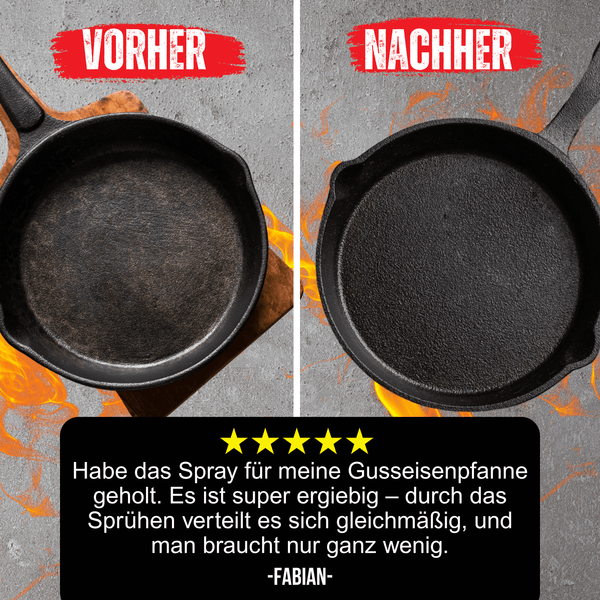 Grill & Gusseisen Pflegespray 400ml mit Antihaftfunktion Vorher Nachher