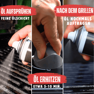 Grill & Gusseisen Pflegespray 400ml mit Antihaftfunktion Anwendungsschritte für beste Ergebnisse auf Grillrost