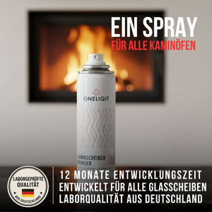 Kaminglasreiniger extra stark 300ml Aktivschaum in einem Kamin mit Flammen im Hintergrund.