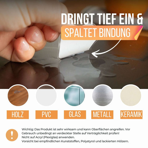 Etikettenlöser entfernt Klebereste von Holz, PVC, Glas, Metall und Keramik für einfache Reinigung.