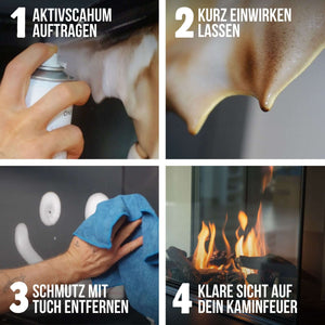 Kaminglasreiniger extra stark 300ml Aktivschaum Anwendungsschritte: Auftragen, einwirken lassen, abwischen, klare Sicht.