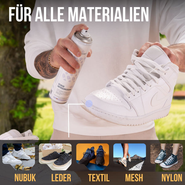 Schuh Imprägnierspray 400ml für alle Materialien wird auf weißen Sneakers angewendet.