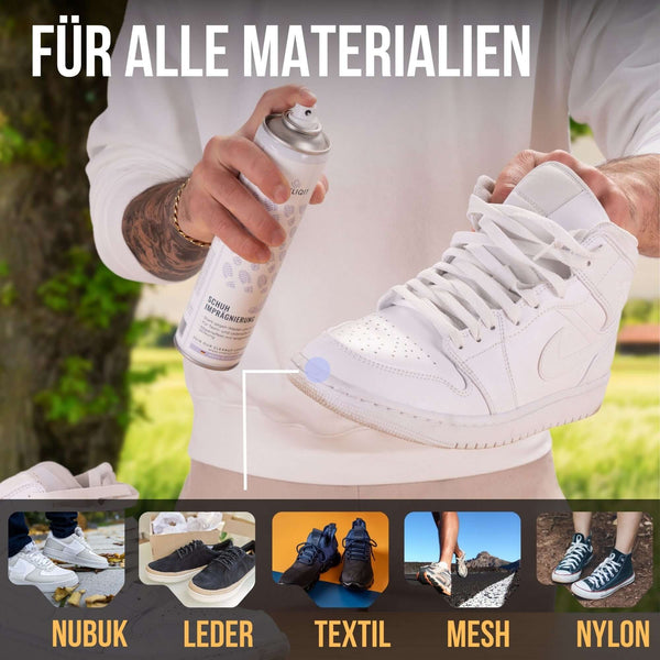 Schuh Imprägnierspray 400ml für alle Materialien wird auf weißen Sneakers angewendet.