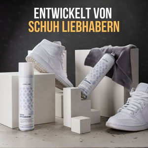 Schuh Imprägnierspray 400ml für alle Materialien neben weißen Schuhen auf einem modernen Hintergrund.