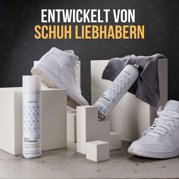 Schuh Imprägnierspray 400ml für alle Materialien neben weißen Schuhen auf einem modernen Hintergrund.