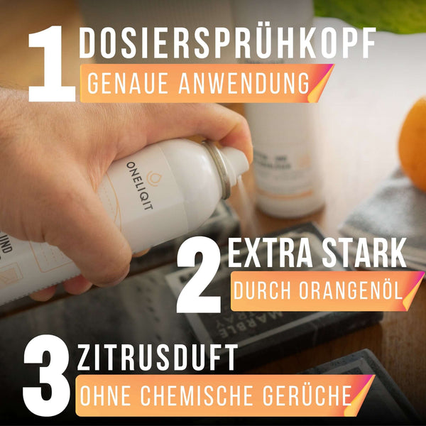 Etikettenlöser Spray mit Dosiersprühkopf, extra stark mit Orangenöl und Zitrusduft ohne chemische Gerüche.