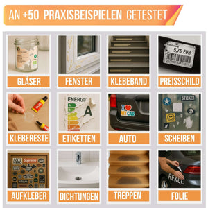 Anwendung des Etikettenlöser Etikettenentferner Spray 200ml auf verschiedenen Oberflächen und Kleberesten.