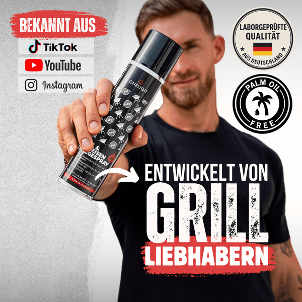 Grill & Gusseisen Pflegespray 400ml mit Antihaftfunktion in der Hand eines Grillliebhabers, beworben auf sozialen Medien.