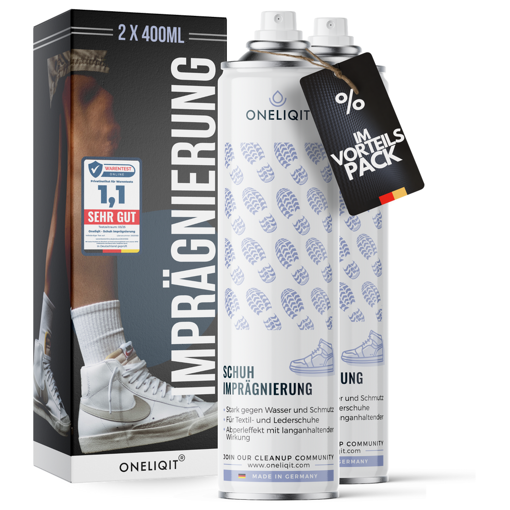 Schuh Imprägnierspray Vorteilspack 2x400ml für alle Materialien - Oneliqit Spray für Wasserschutz und Schmutzabwehr.