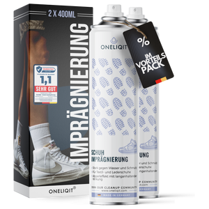 Schuh Imprägnierspray Vorteilspack 2x400ml für alle Materialien - Oneliqit Spray für Wasserschutz und Schmutzabwehr.