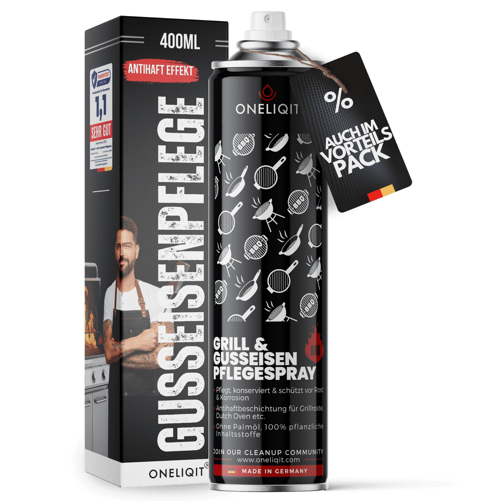 Grill & Gusseisen Pflegespray 400ml mit Antihaftfunktion in Spraydose auf weißem Hintergrund
