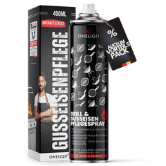Grill & Gusseisen Pflegespray 400ml mit Antihaftfunktion in Spraydose auf weißem Hintergrund