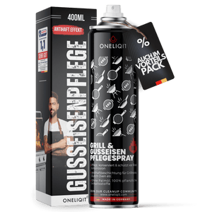Grill & Gusseisen Pflegespray 400ml mit Antihaftfunktion in Spraydose auf weißem Hintergrund