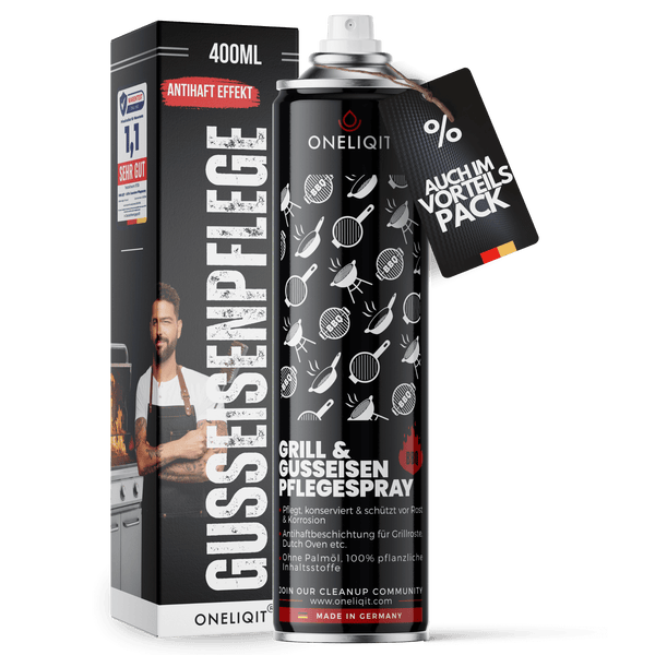 Grill & Gusseisen Pflegespray 400ml mit Antihaftfunktion in Spraydose auf weißem Hintergrund