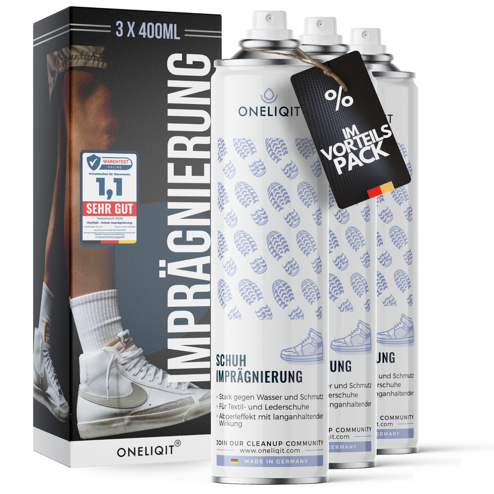 Schuh Imprägnierspray Vorteilspack 3x400ml für alle Materialien - Oneliqit Spray für Wasserschutz und Schmutzabwehr.