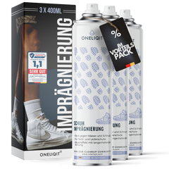 Schuh Imprägnierspray Vorteilspack 3x400ml für alle Materialien - Oneliqit Spray für Wasserschutz und Schmutzabwehr.