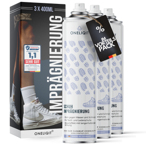 Schuh Imprägnierspray Vorteilspack 3x400ml für alle Materialien - Oneliqit Spray für Wasserschutz und Schmutzabwehr.