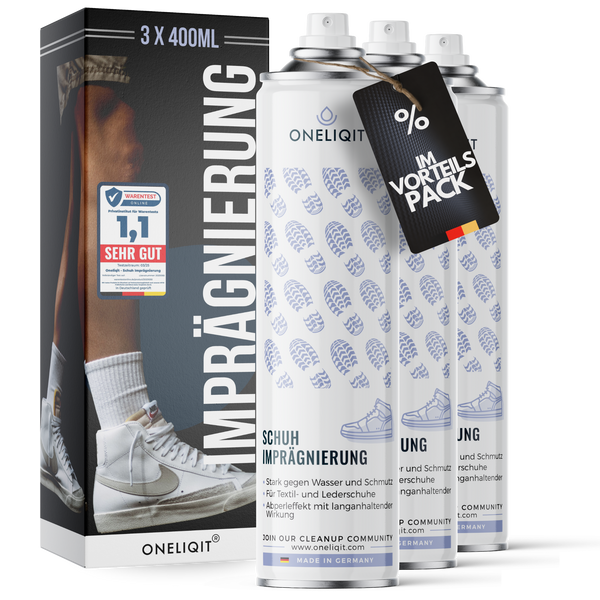 Schuh Imprägnierspray Vorteilspack 3x400ml für alle Materialien - Oneliqit Spray für Wasserschutz und Schmutzabwehr.
