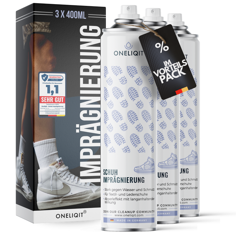 Schuh Imprägnierspray Vorteilspack 3x400ml für alle Materialien - Oneliqit Spray für Wasserschutz und Schmutzabwehr.