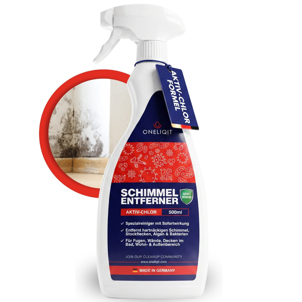 ONELIQIT Schimmelentferner Spray 500 ml Flasche mit Sprühkopf vor weißem Hintergrund